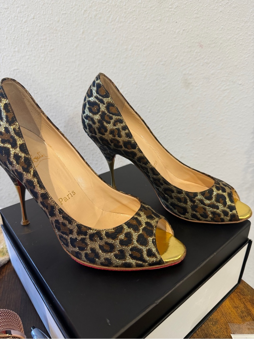 Authentic Christian Louboutin Leopard Print Peep-Toe Stiletto Heels